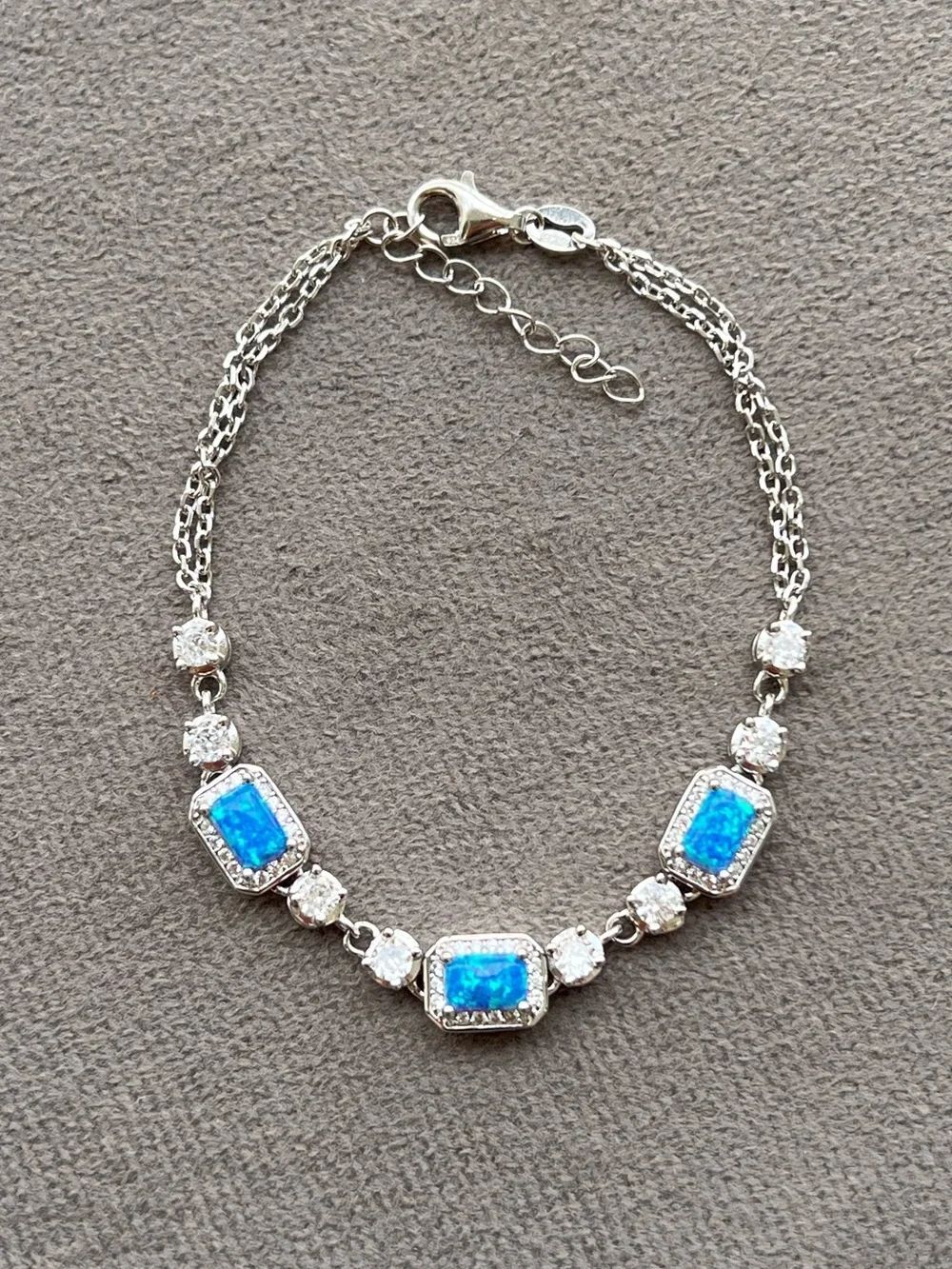Silver Tone Lab Created Blue Opal and Cubic Zirconia Bracelet
